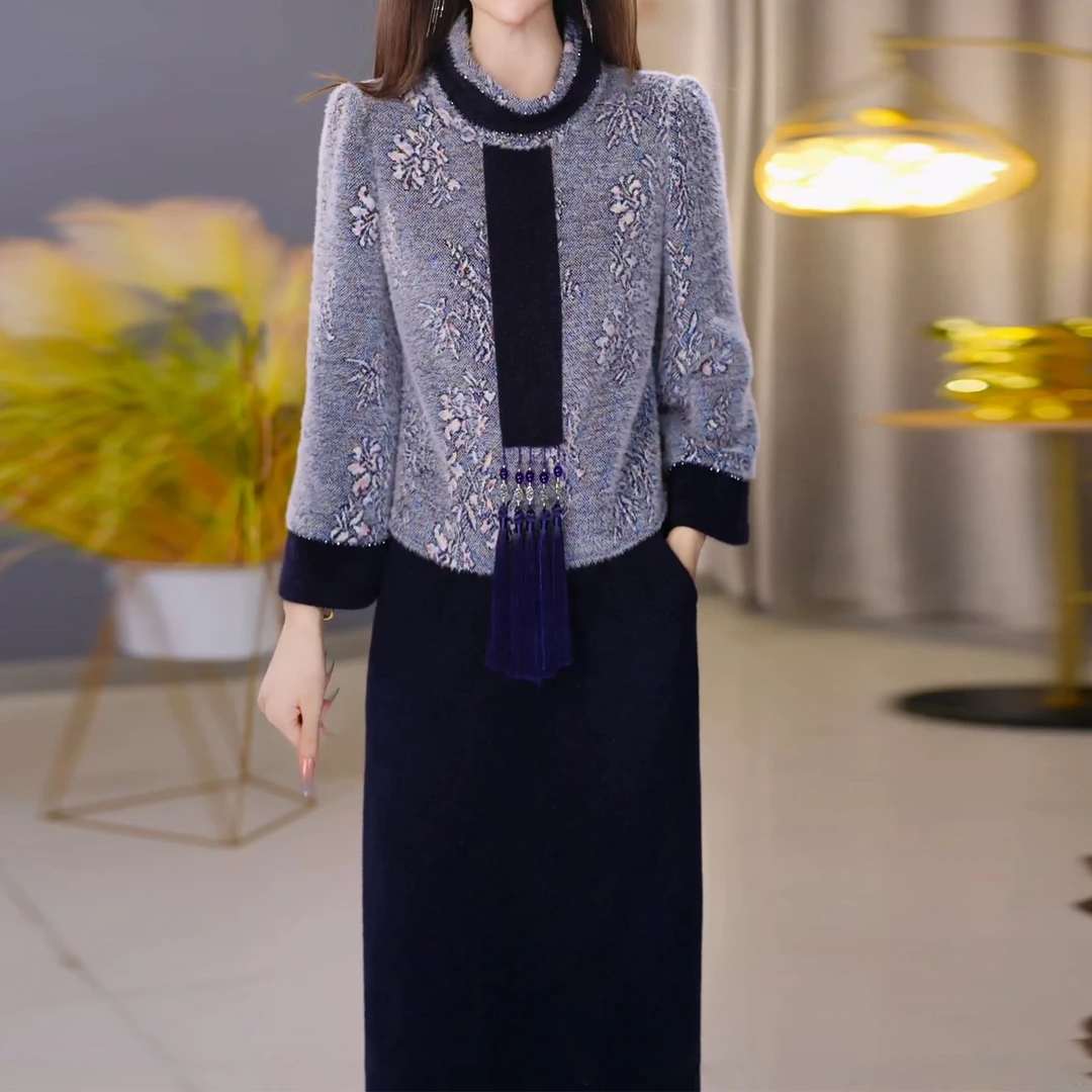 时尚套装2025年秋冬毛呢小香风新款名媛洋气显瘦遮肚真两件套女装