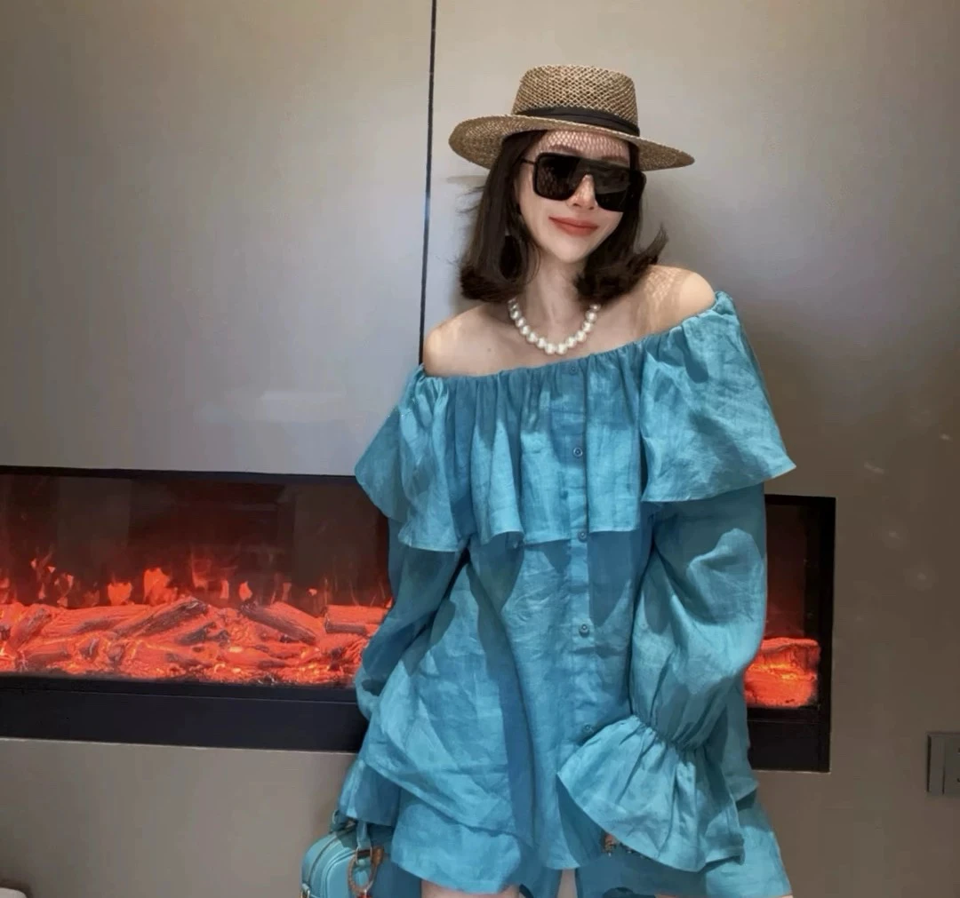 夏季新款时尚女一字肩荷叶边喇叭袖衬衫搭配纯色短裤套装大码胖MM