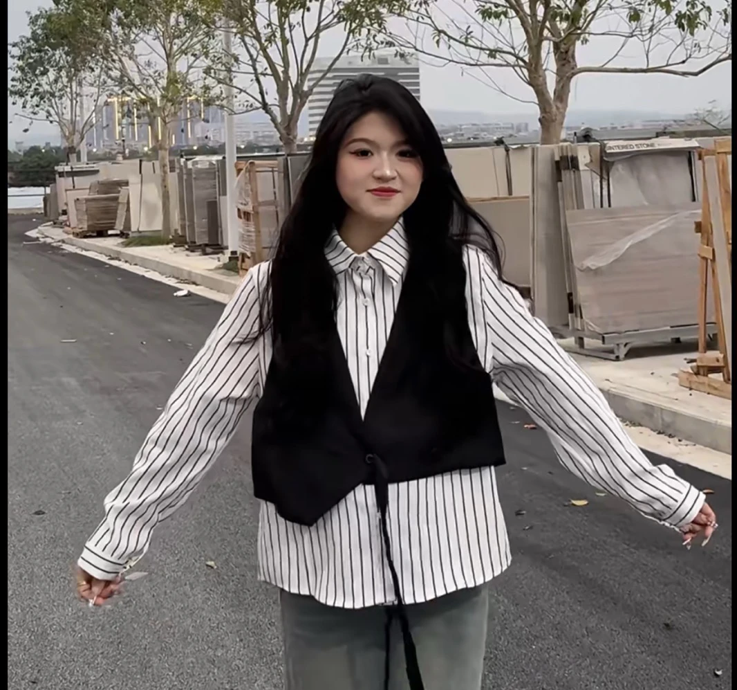 韩系假两件条纹拼接衬衫336一