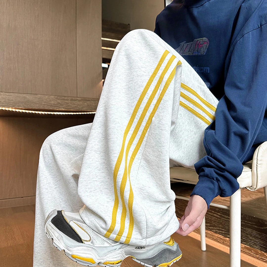 美式重磅黄色条纹卫裤男春秋潮牌青少年休闲长裤直筒宽松运动裤