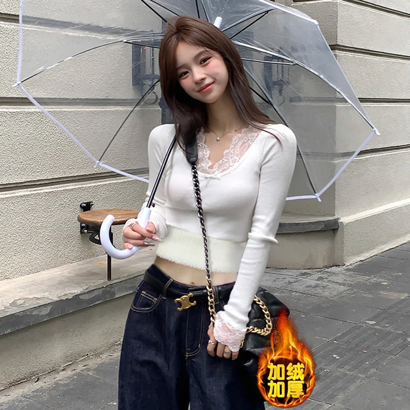 蕾丝边v领烧小纯欲打底衫加绒内搭女加厚冬季2024新款长袖上衣女