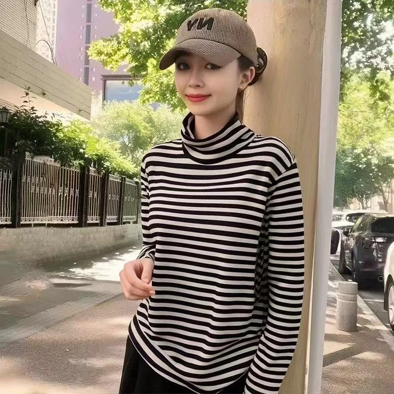 欧美时尚秋冬季宽松高领长袖T恤女加绒加厚保暖棉条纹打底衫上衣