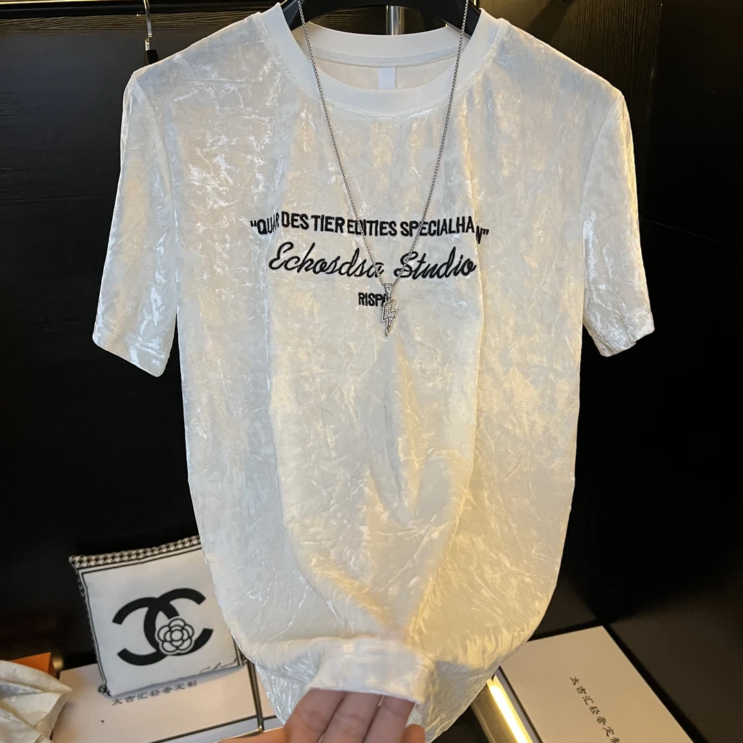 H-夏季新款绒面字母印花短袖T恤男潮流百搭时尚休闲体恤衫