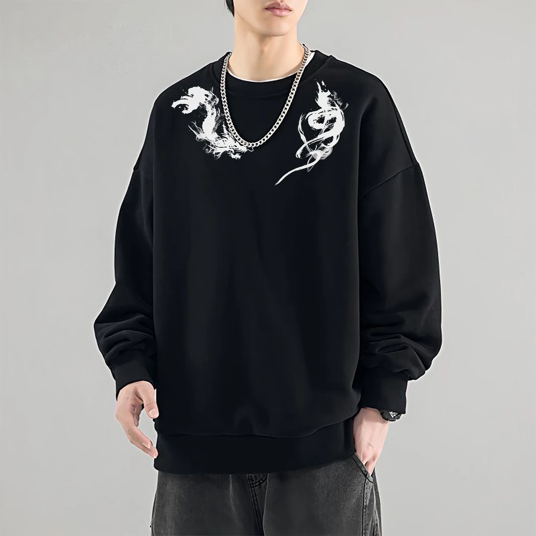 圆领卫衣男秋季新款美式复古印花长袖t恤男生痞帅潮牌港风套头衫