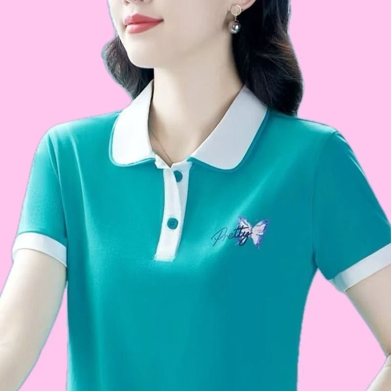 828湖蓝韩版大码翻领短袖女士T恤时尚运动夏装显瘦宽松休闲上衣