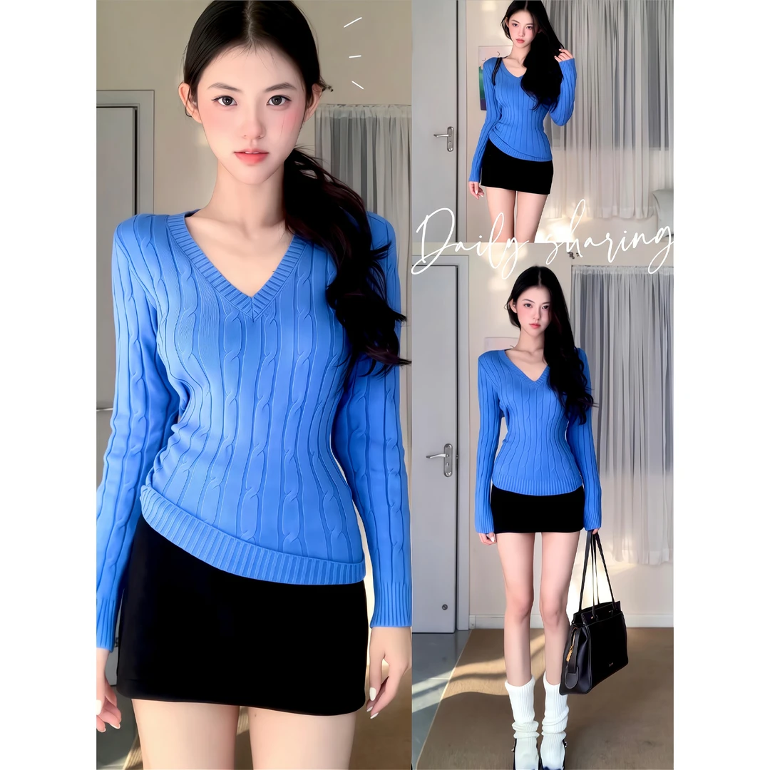 2026新款蓝色V领麻花长袖针织打底衫毛衣上衣半身裙包臀裙短裙女