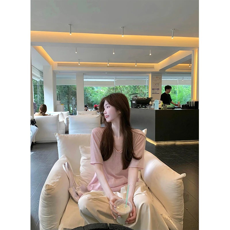 富家千金风ins风夏季韩系慵懒风简约百搭短袖T恤高腰休闲阔腿裤子