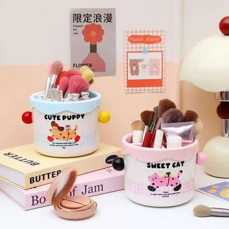 可爱化妆刷收纳筒大容量分格整理盒卡通化妆品口红眉笔收纳盒H