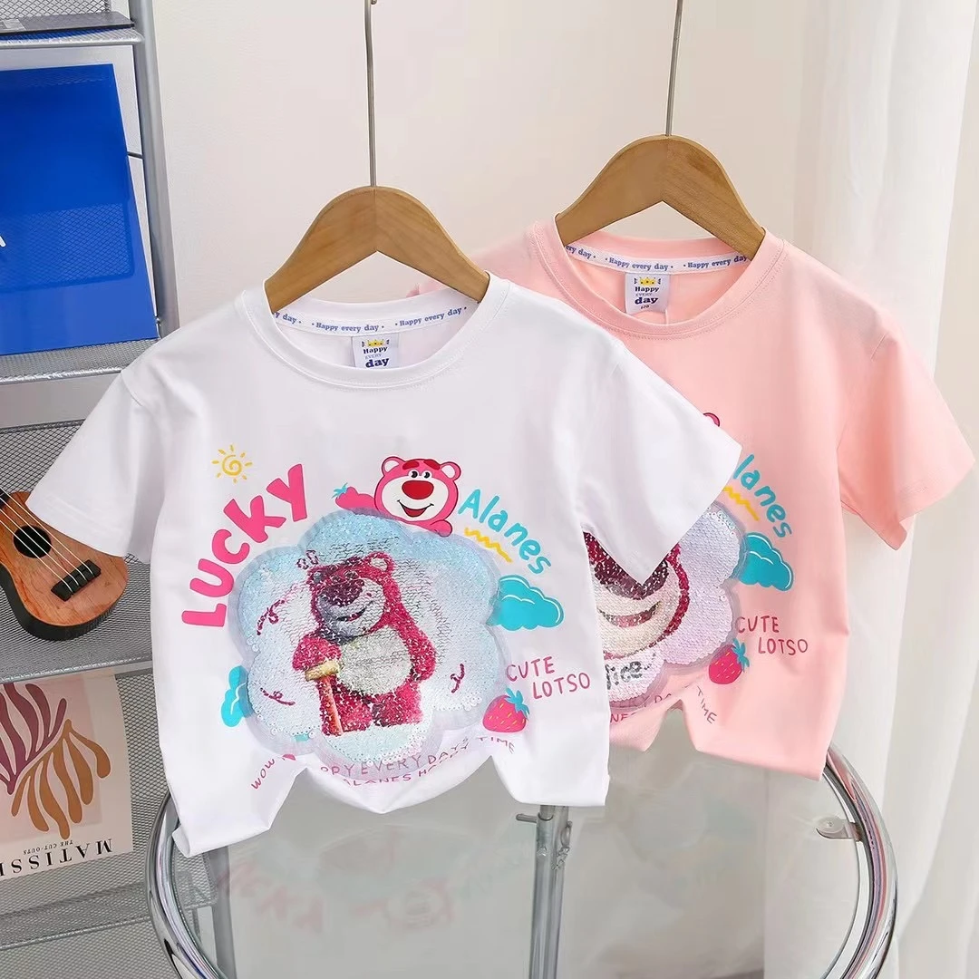 2025夏季新款变脸草莓熊儿童短袖舒适女童休闲卡通亮片短袖