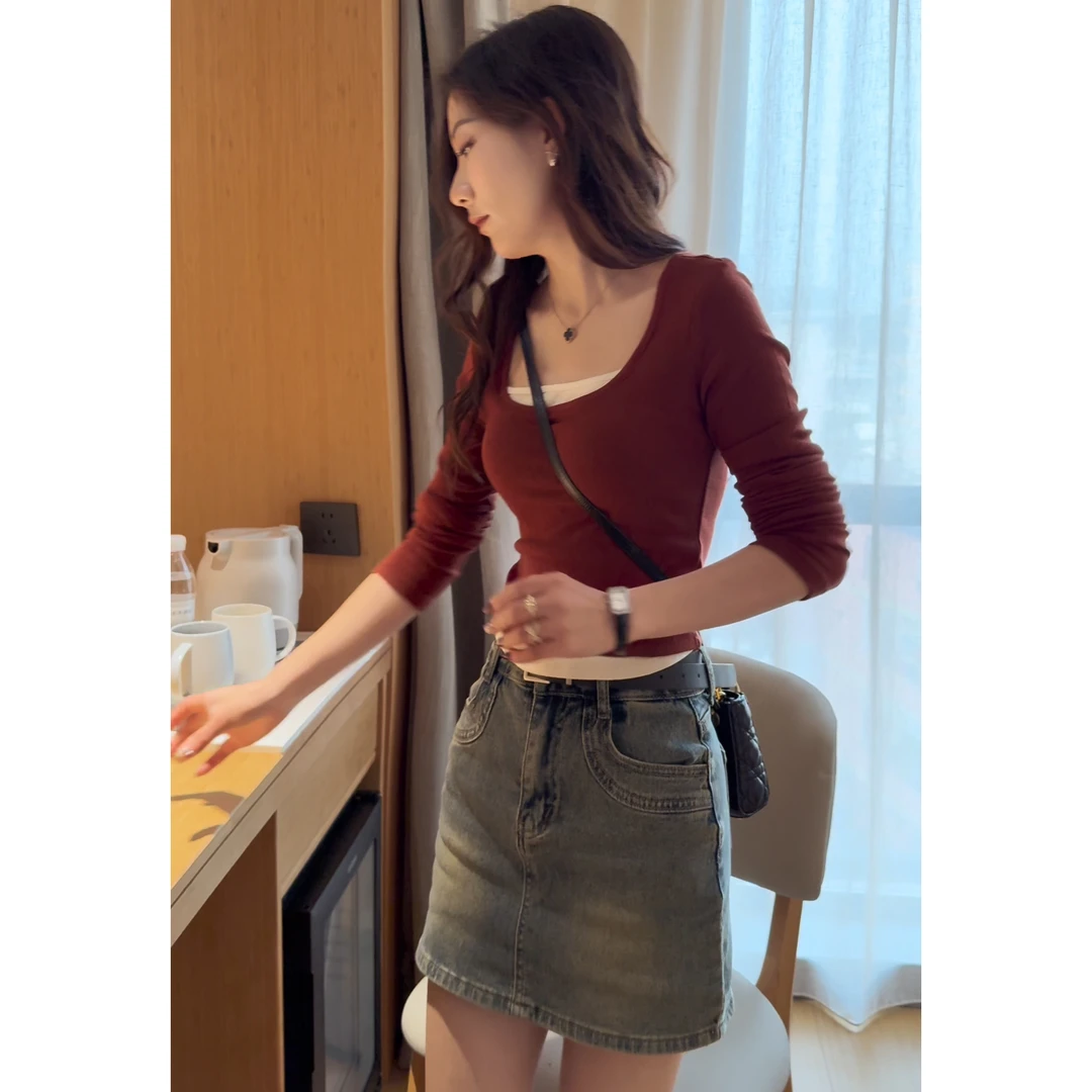 假两件U领长袖T恤女2025新款春秋甜美气质小个子修身显瘦针织上衣