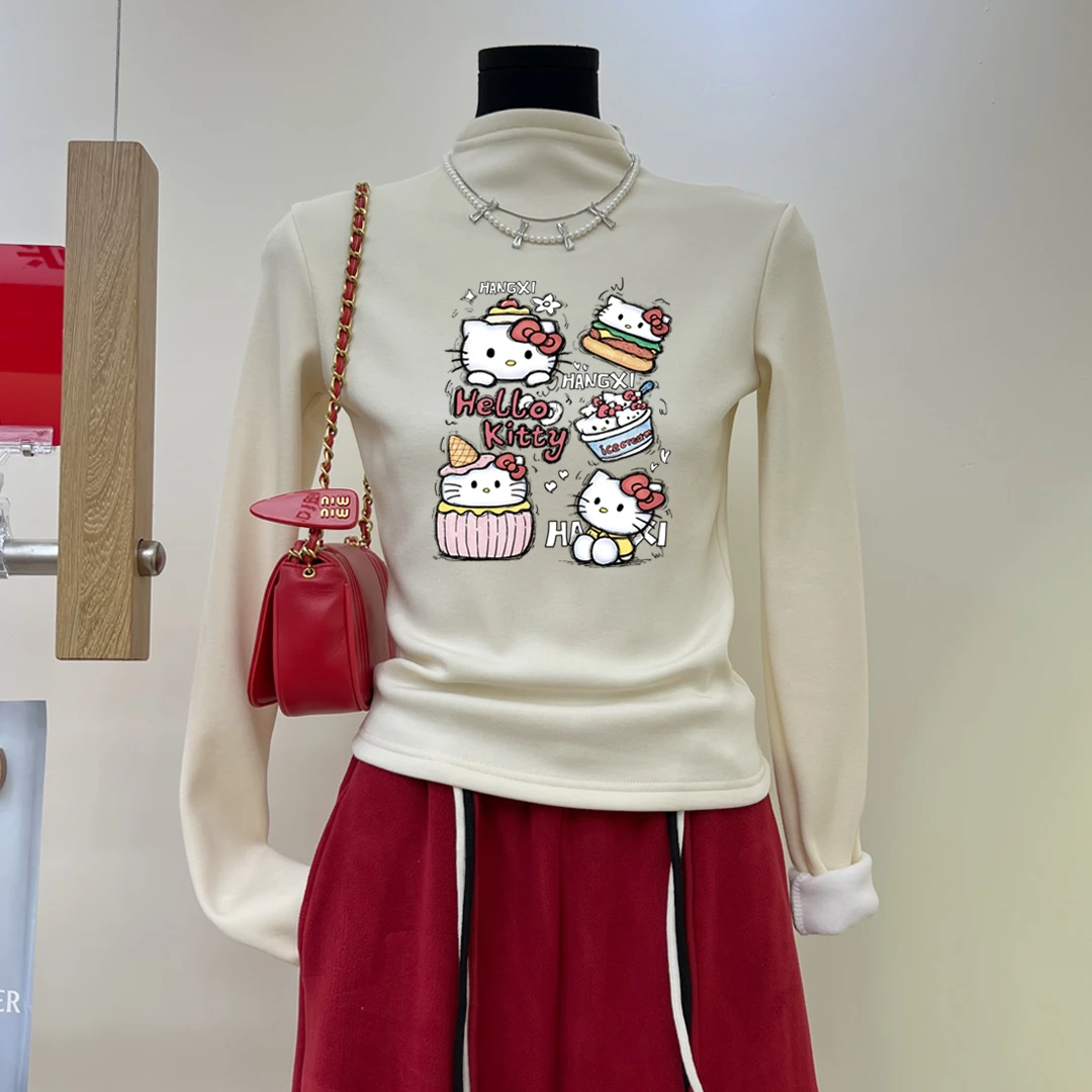 日系甜美可爱凯蒂猫印花半高领加绒加厚冬季洋气减龄百搭打底上衣