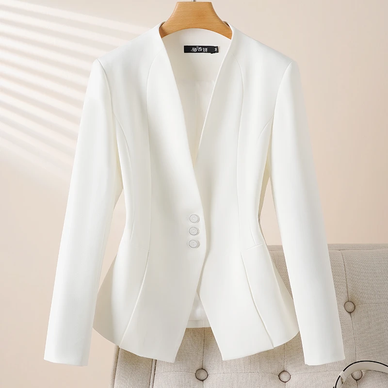 白色西装女外套短款小个子无领小西装修身春秋款 v领西服干练简洁
