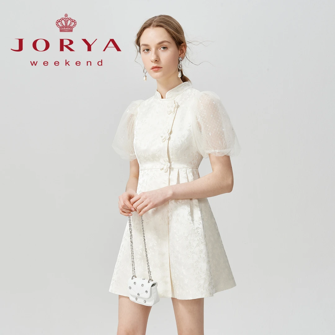 卓雅周末新中式法式刺绣网纱泡泡袖国风女装连衣裙EJWCBZ57