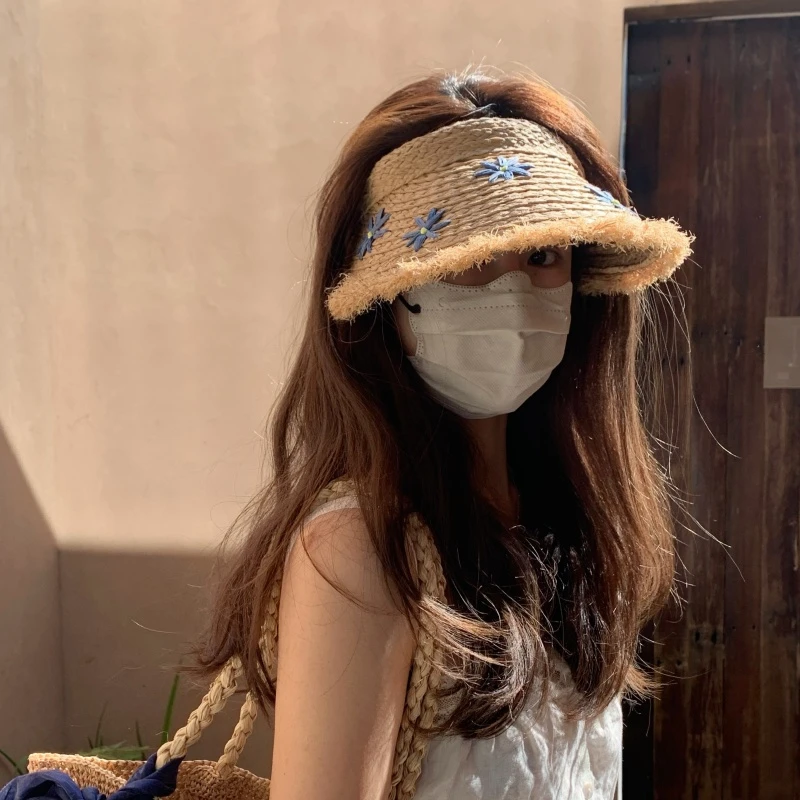 草编ins毛边空顶帽子女夏季沙滩出游遮阳防晒帽发箍式