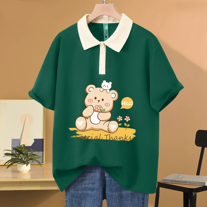 美式复古宽松oversize夏装胖mm纯棉POLO领短袖t恤女显瘦百搭上衣