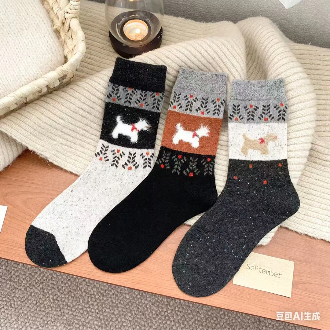 【巴图&博谷优享】【羊毛款】复古费尔岛小狗秋冬保暖堆堆袜可爱女袜