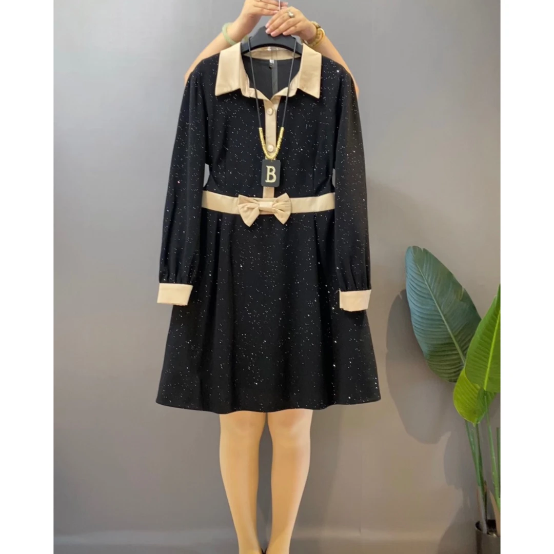 秋季新款大码小香风气质中长时尚腰部蝴蝶结设计显瘦胖妹妹连衣裙