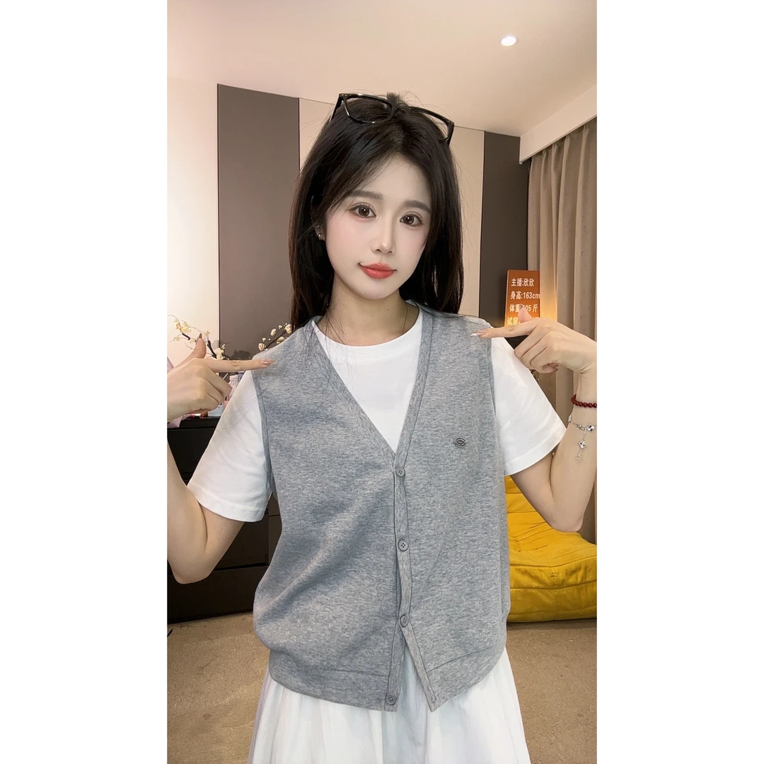 【青苍+特价】夏季新款韩版拼接假两件针织衫短袖设计感百搭圆领女