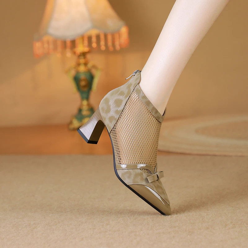 GLS豹纹女人味时尚9152/牛皮34-42网纱凉靴高跟/粗跟真皮透气凉靴