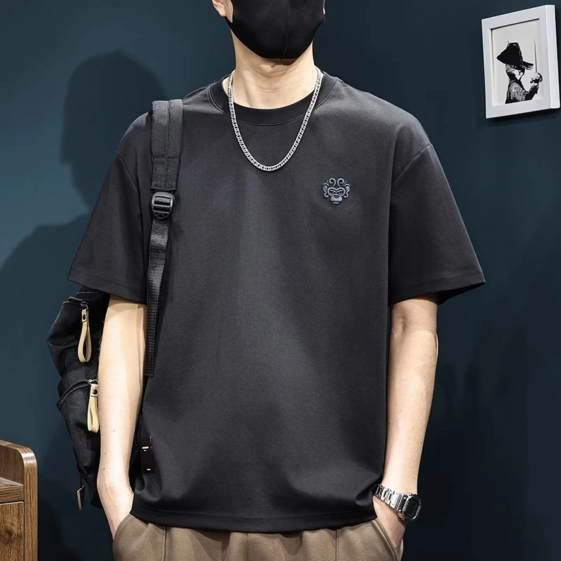 夏季潮牌刺绣男士短袖t恤2025新款简约百搭休闲宽松针织大码体恤T