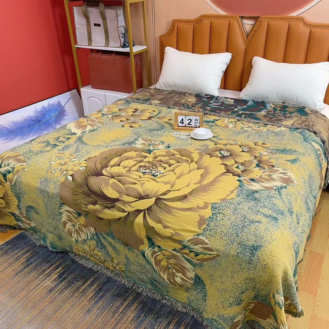 加大【知意绿】2.3*2.5M高端100%纯棉亲肤可机洗复古美学奢华流苏毯