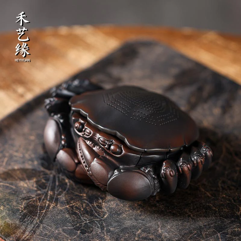 创意紫陶螃蟹过滤器陶瓷茶漏茶滤网全瓷一体茶宠摆件可养茶道零配