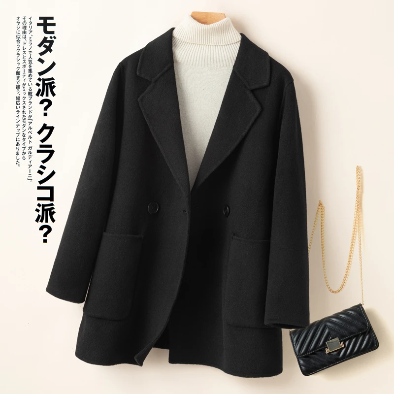 双面呢大衣女中长款休闲百搭宽松显瘦新款秋冬黑色西装领毛呢外套