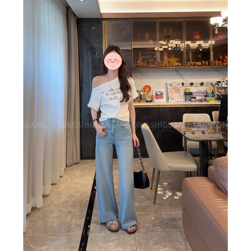 夏季设计感露肩修身显瘦收腰T恤高腰弹力小众百搭宽松直筒裤套装