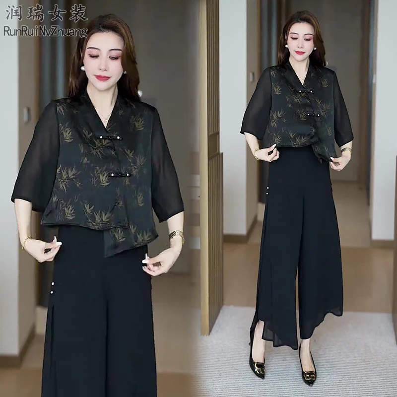 民族风气质中式静奢风新中式百搭夏季时尚套装通勤2025妈妈装两件