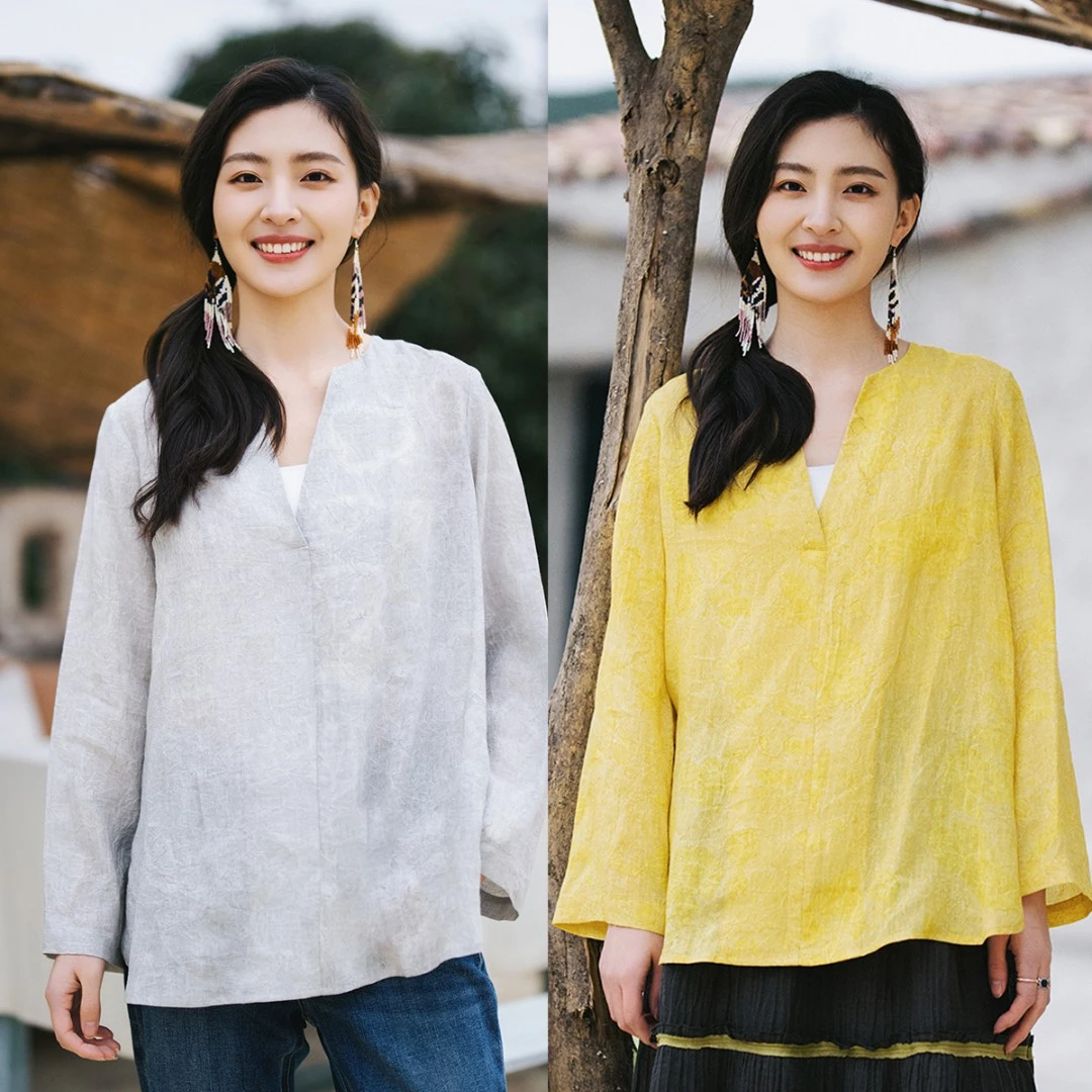 梭家｜轻云与晨光｜文艺复古两色V领苎麻莱赛尔混纺长袖春季衬衫