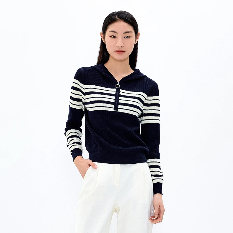 十二篮专选25年新款绵羊毛条纹连帽卫衣式针织衫7C65106160