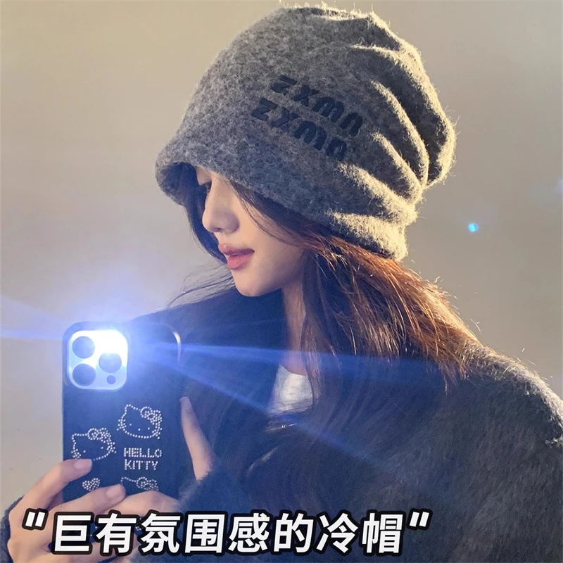 慵懒风大版秋冬新款大头围帽保暖时尚羊绒混纺堆堆帽