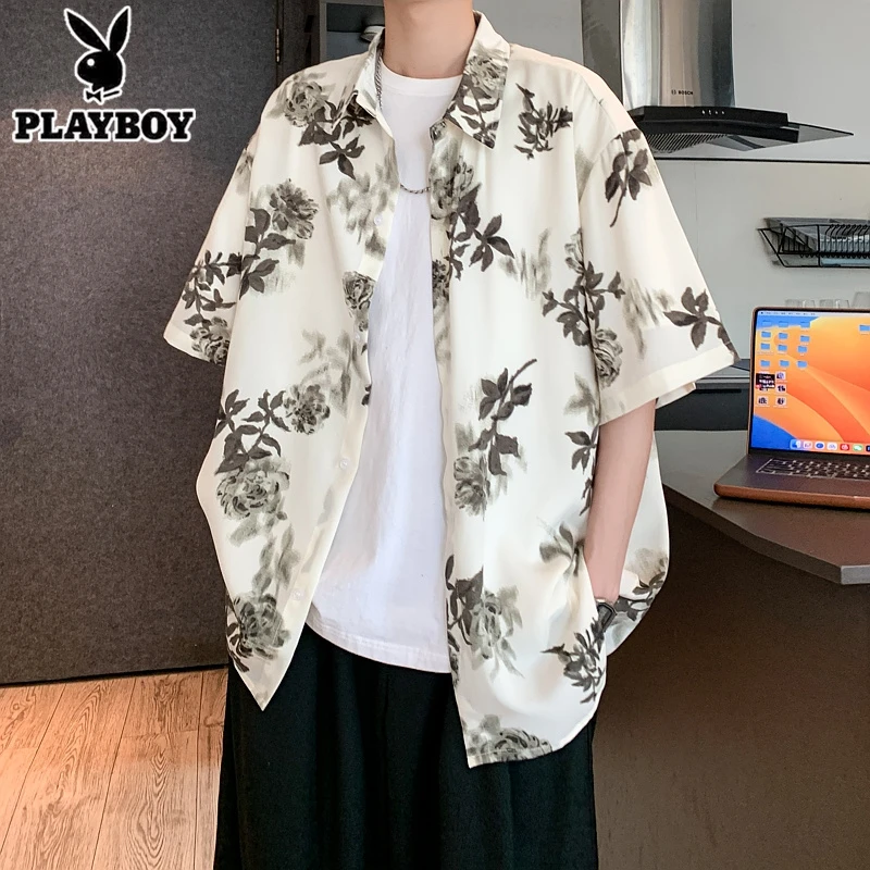 复古冰丝印花衬衫男士夏季薄款凉感海边度假夏威夷风凉感宽松衬衣