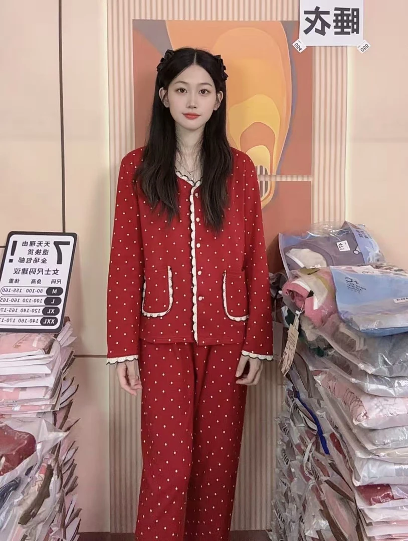 1号【壹加壹】新款睡衣女秋冬2025纯棉长袖红色开襟小香风波点气质