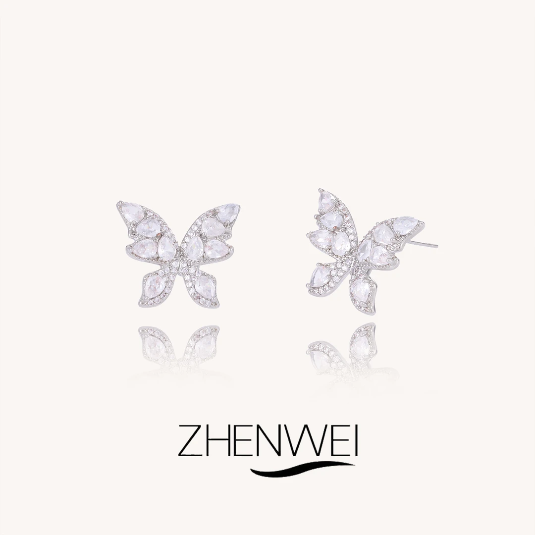 铜合金锆石耳饰 ZHENWEI/甄薇  蝴蝶满锆耳钉女甜美无耳洞耳夹