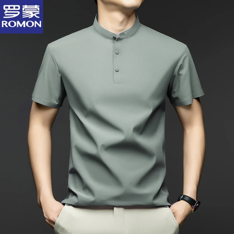 罗蒙夏季轻奢高端短袖T恤男士时尚休闲免烫商务宽松立领短袖男t恤