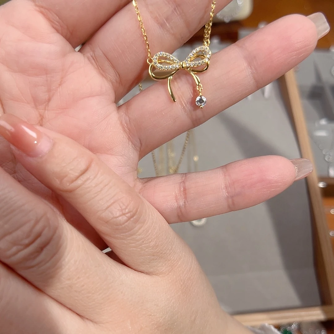 锆石坠链均925银金色双层蝴蝶结  久戴不掉色 假一赔四