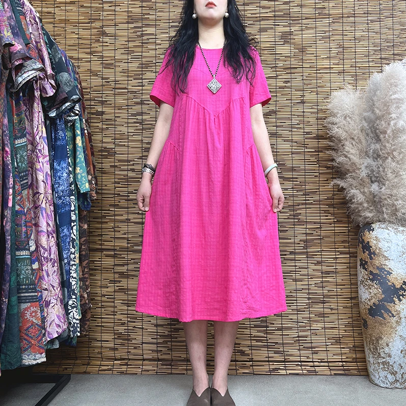 2877夏季大码女装文艺倒三角纯色休闲宽松显瘦长裙过膝拼接连衣裙