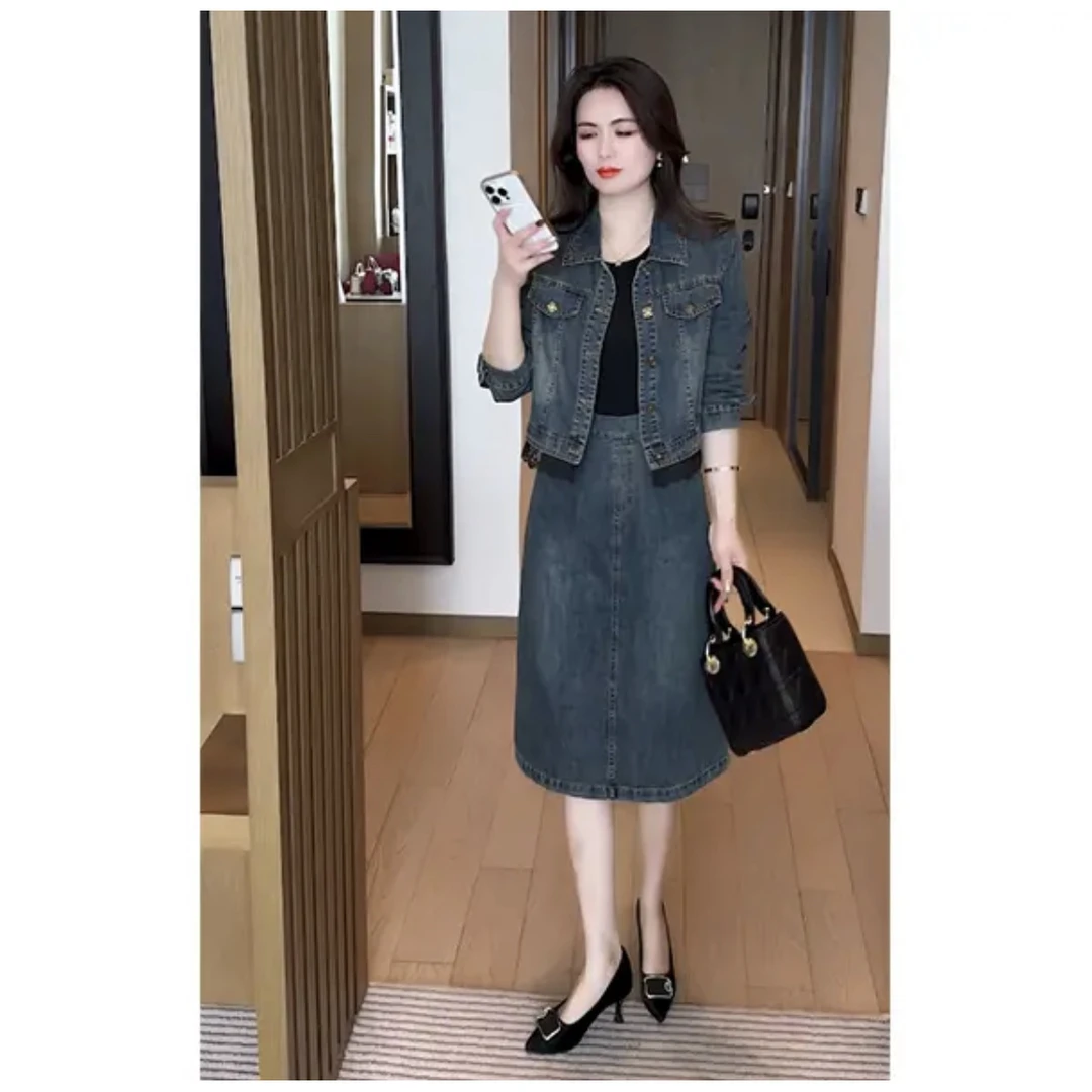 高级感时尚牛仔裙套装女春秋新款洋气减龄小香风短外套气质两件套