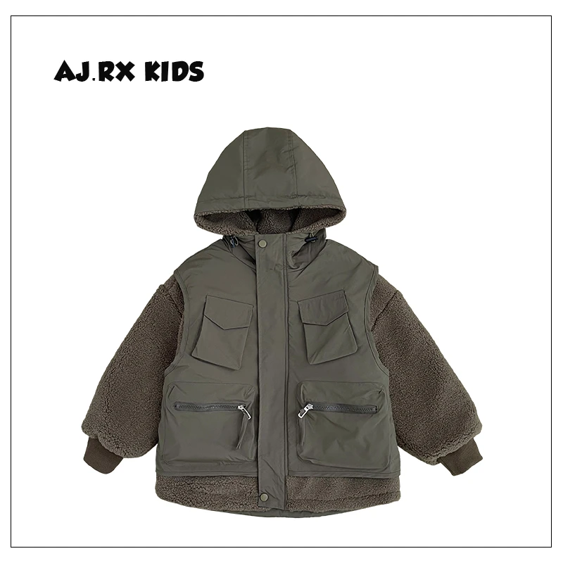 阿卷冬装儿童日系拼接假两件休闲宽松保暖外套HDM3214-qqqq