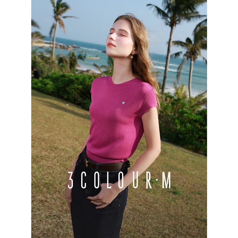 三彩2025春季新款圆领短袖针织衫毛衫套头短款修身休闲简约M