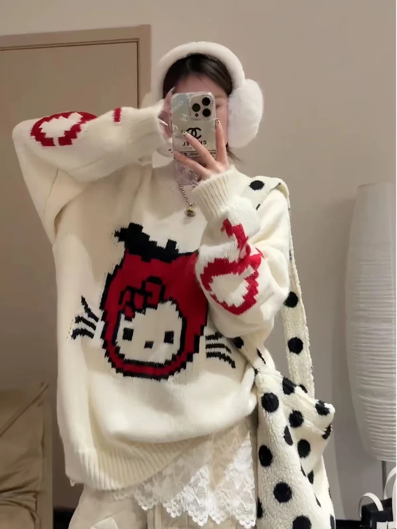 174秋冬新款韩系Kitty卡通设计感减龄宽松休闲百搭小众长袖上衣