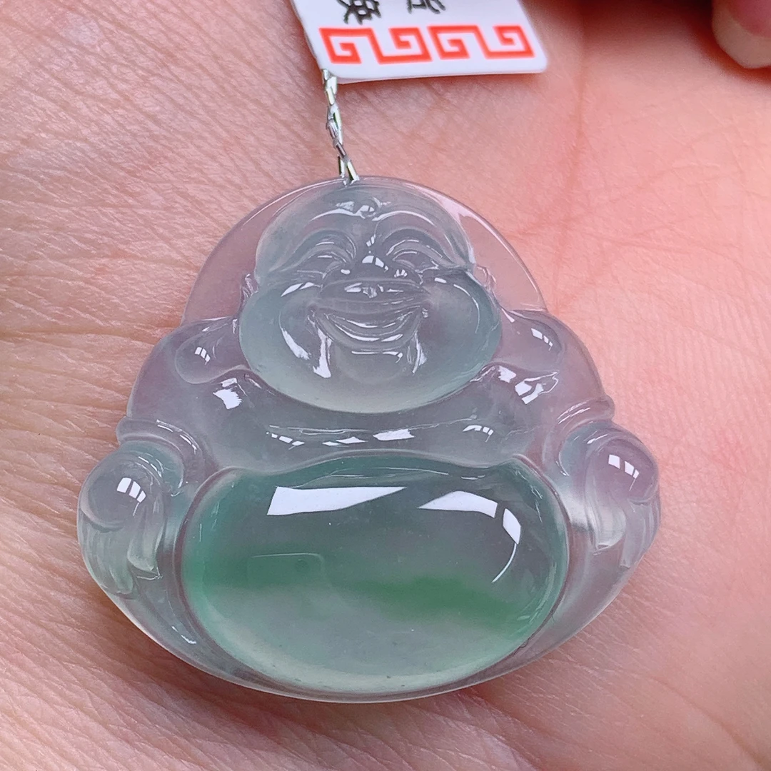 天然缅甸翡翠A货正冰飘花佛公气质精美尺寸29.3+26.5+6  459