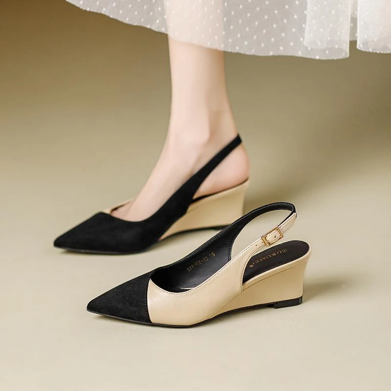 小香风拼色坡跟包头凉鞋女夏法式简约百搭后空尖头软皮搭扣高跟鞋