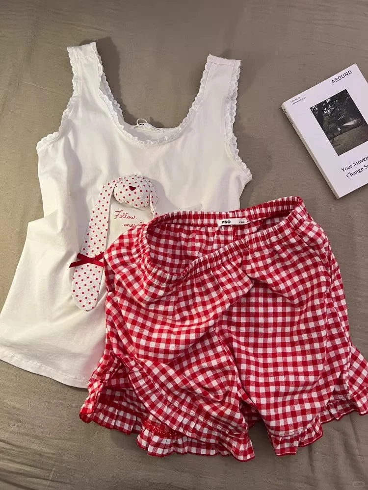 甜美少女可爱小兔子背心睡衣女夏季网红风新款家居服格子短裤套装