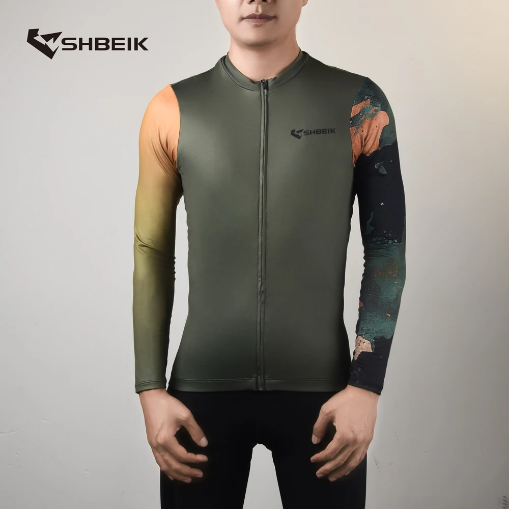 【入门级骑行长袖】军绿色宽松版骑行服长袖高弹牛奶丝面料长袖上衣