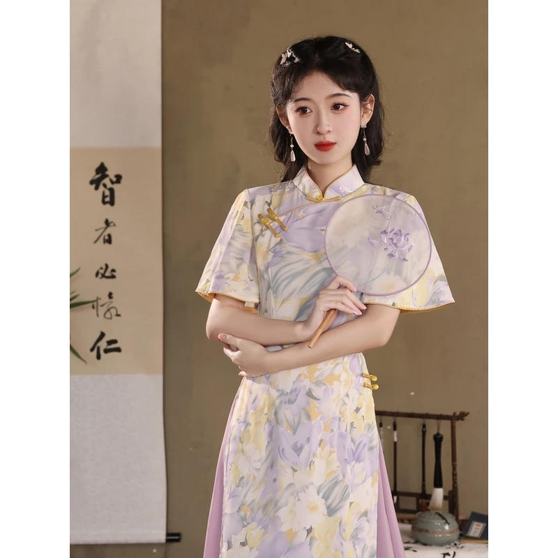 J 5021 【紫瑕】紫色 奥戴 黄紫花 一字扣 旗袍