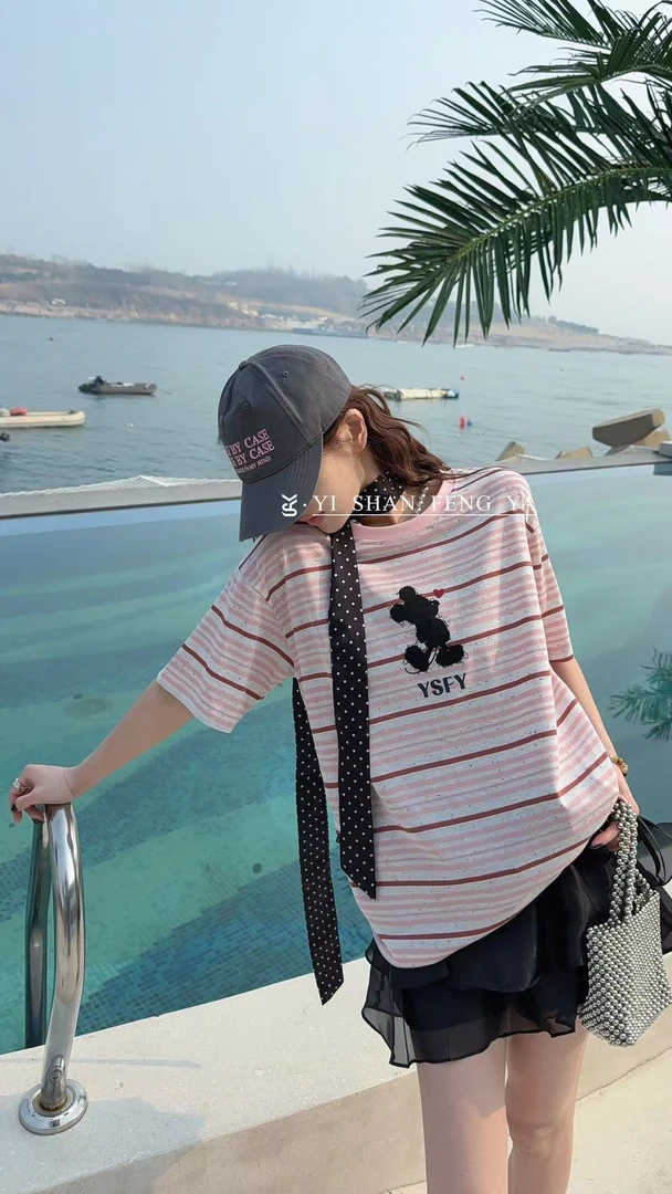 彩点条纹米奇常规款T恤ins休闲宽松印花薄款女士潮流