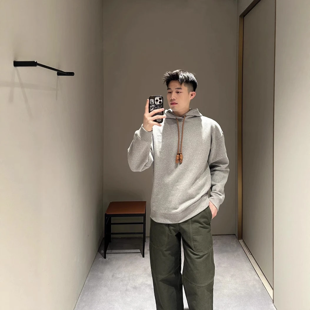 【早秋新款】25FW新款Anag皮革抽绳刺绣连帽卫衣 LOE潮牌男女同款