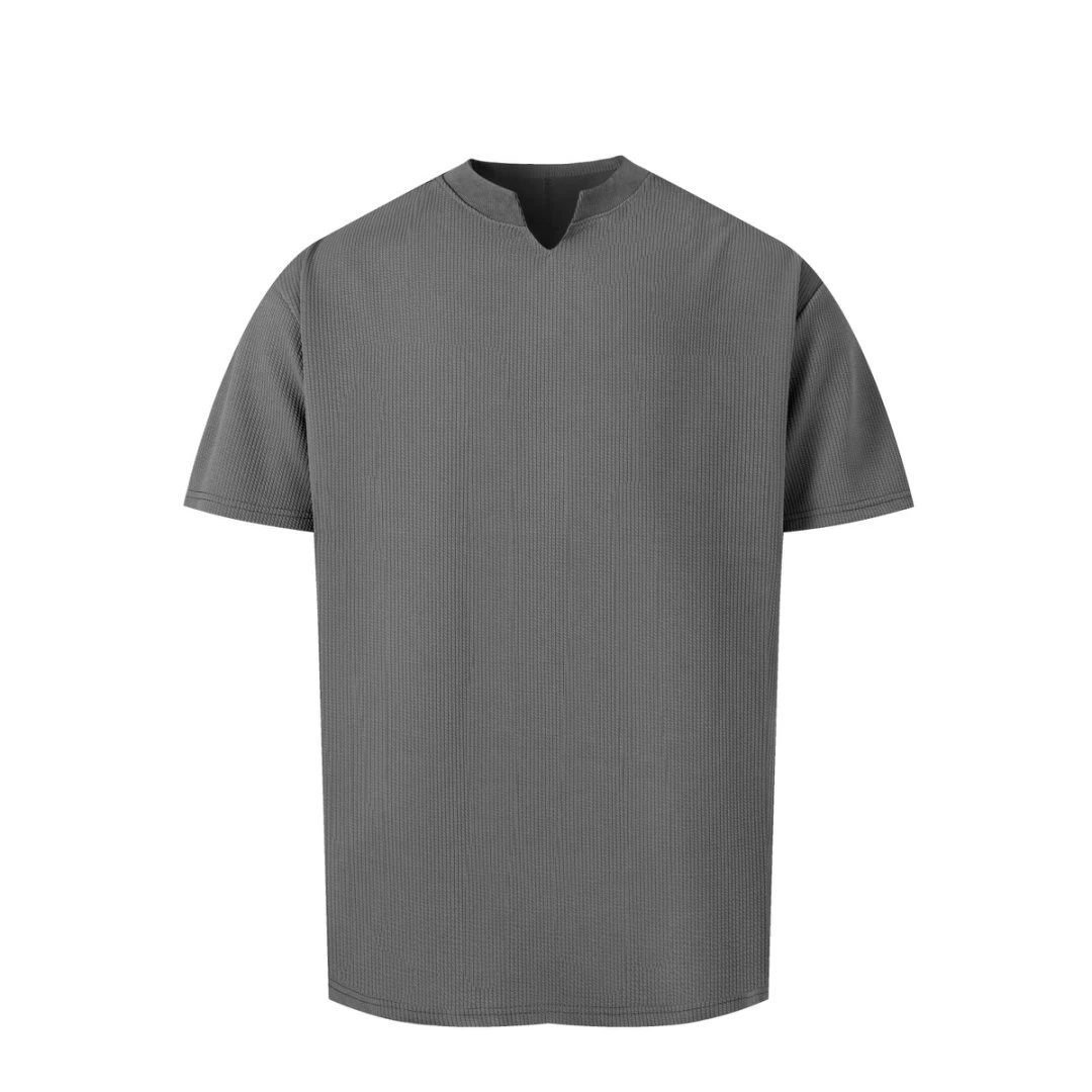 夏季v领褶皱宽松短袖T恤男垂感落肩透气休闲百搭运动健身短袖韩版